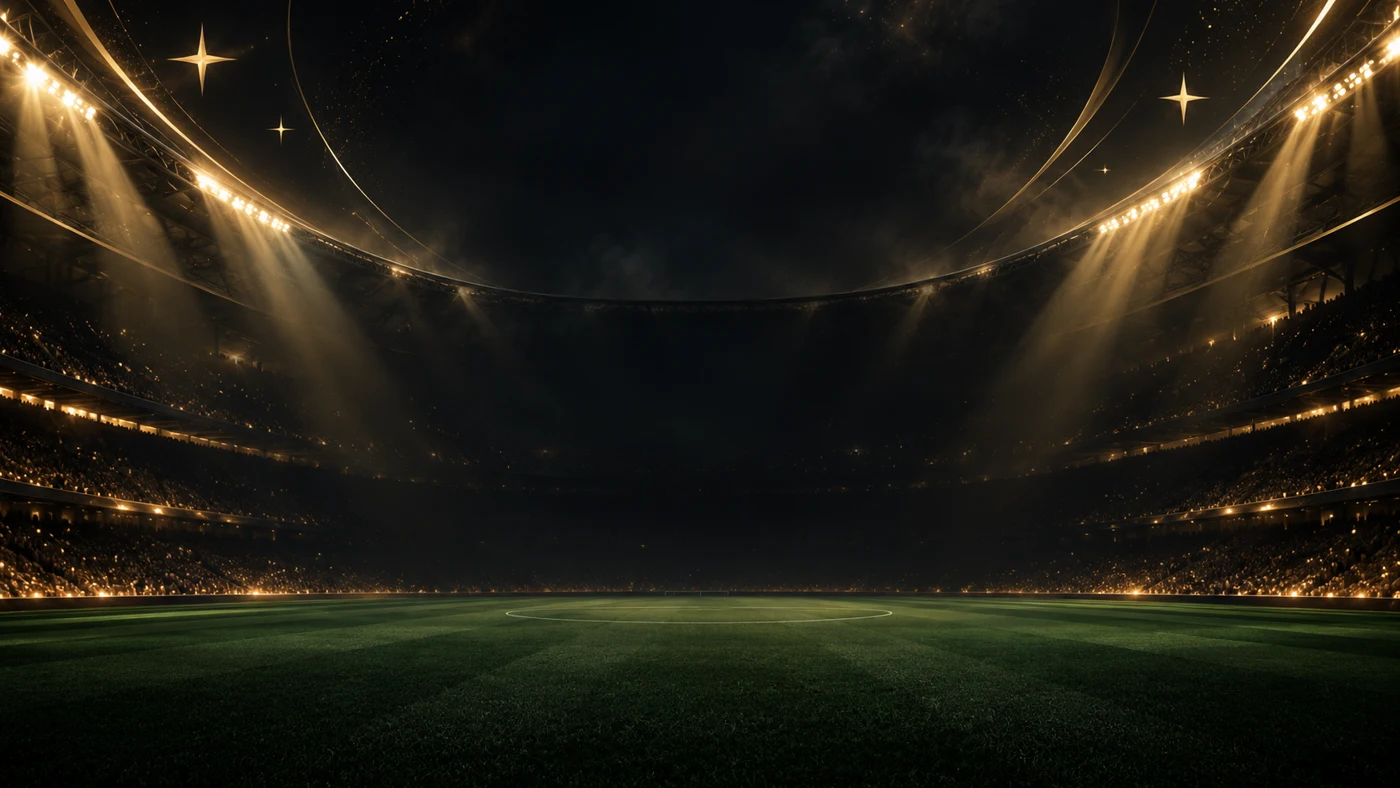 Een geïllustreerd donker stadion met goudkleurige verlichting