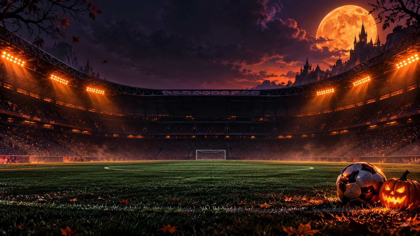 Een geïllustreerd nachtelijk stadion met oranje en paars maanlicht