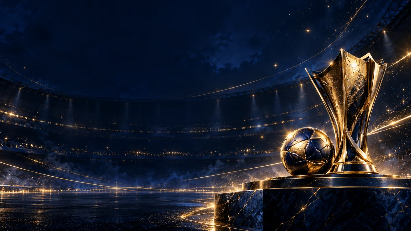 Een conceptuele voetbalbeker in een blauw-goud stadion